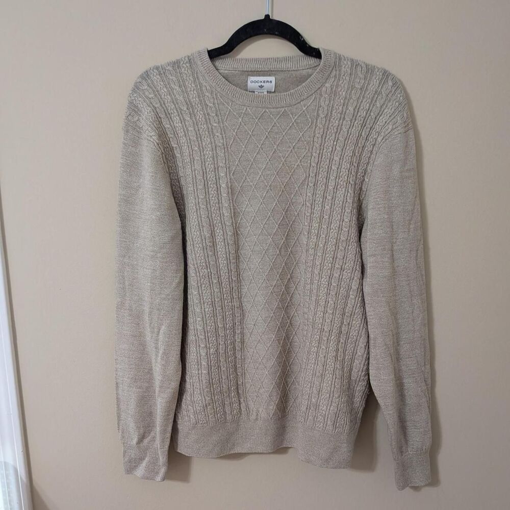 Vintage Dockers Preppy Cable Knit Grandpa Core Crewneck Sweater Oatmeal